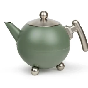 Bredemeijer - Duet® Bella Ronde – Dubbelwandige Theepot – 1,2 liter - RVS - Legergroen