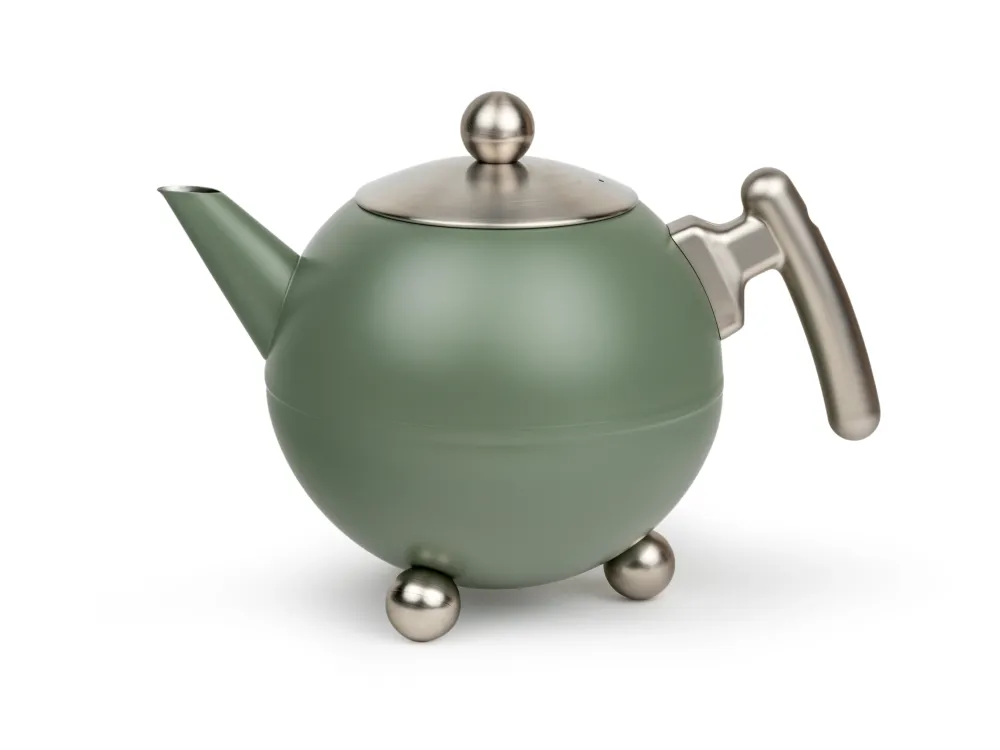 Bredemeijer - Duet® Bella Ronde – Dubbelwandige Theepot – 1,2 liter - RVS - Legergroen