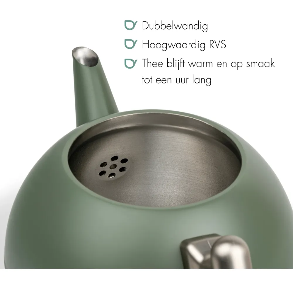 Bredemeijer - Duet® Bella Ronde – Dubbelwandige Theepot – 1,2 liter - RVS - Legergroen