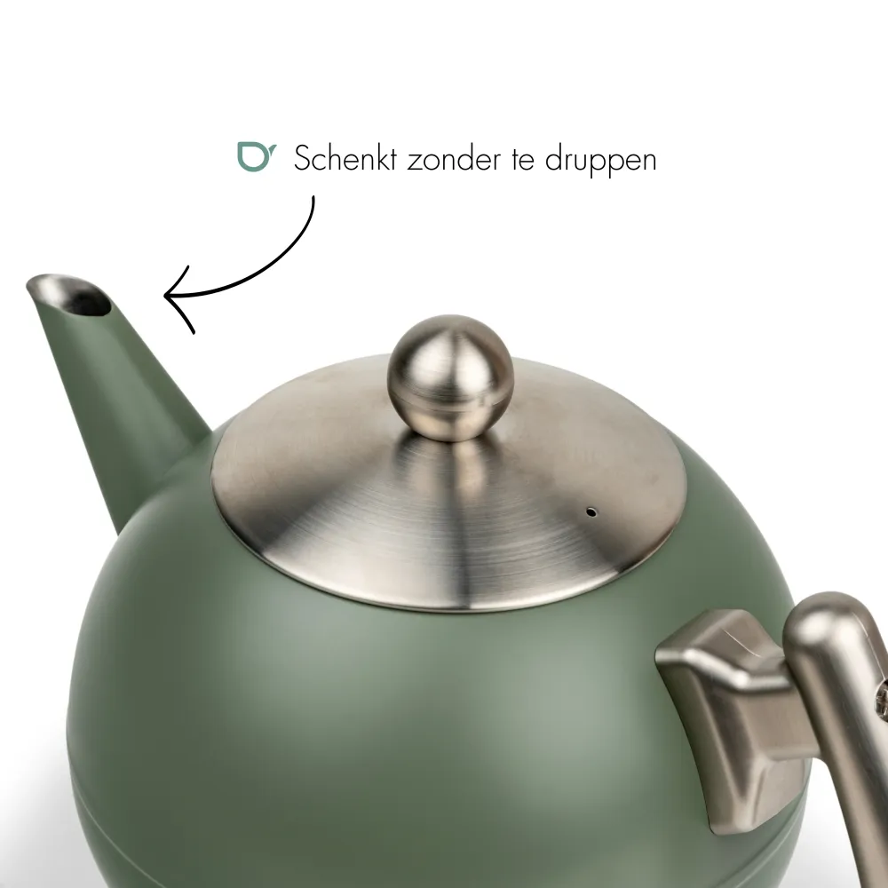Bredemeijer - Duet® Bella Ronde – Dubbelwandige Theepot – 1,2 liter - RVS - Legergroen