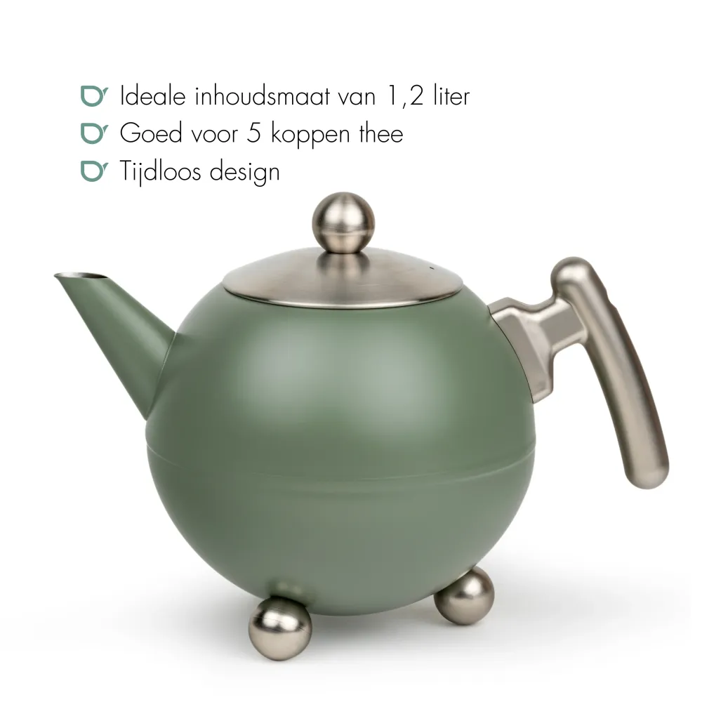Bredemeijer - Duet® Bella Ronde – Dubbelwandige Theepot – 1,2 liter - RVS - Legergroen