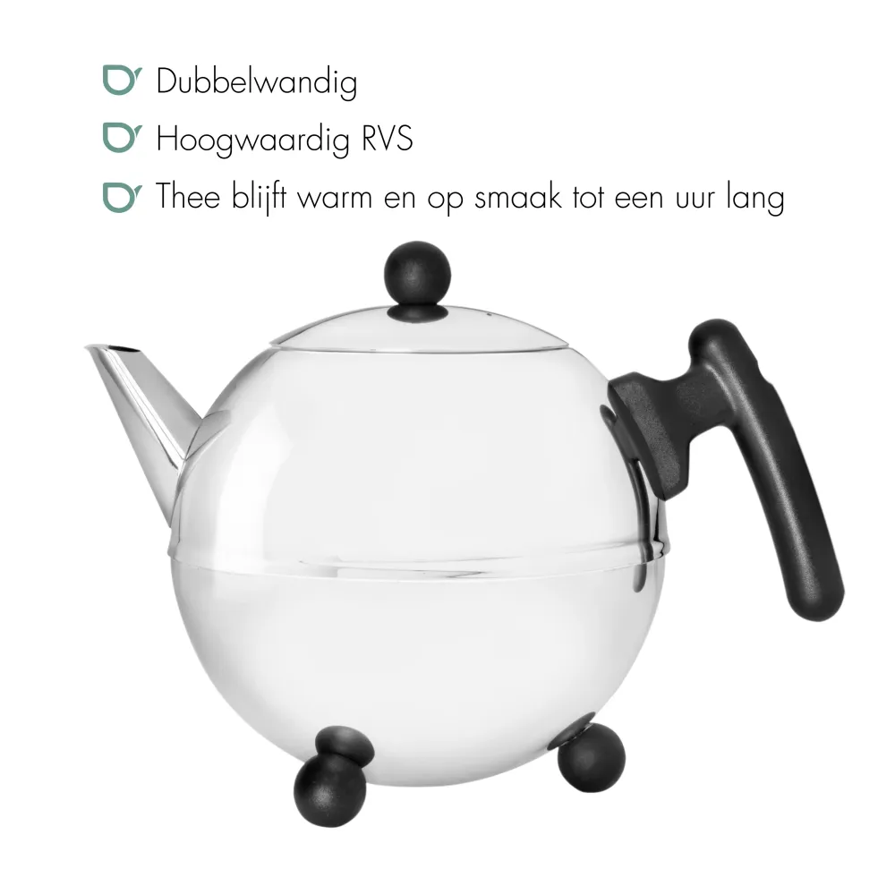 Bredemeijer - Duet® Bella Ronde – Dubbelwandige Theepot – 1,5 liter - RVS - Zwart beslag