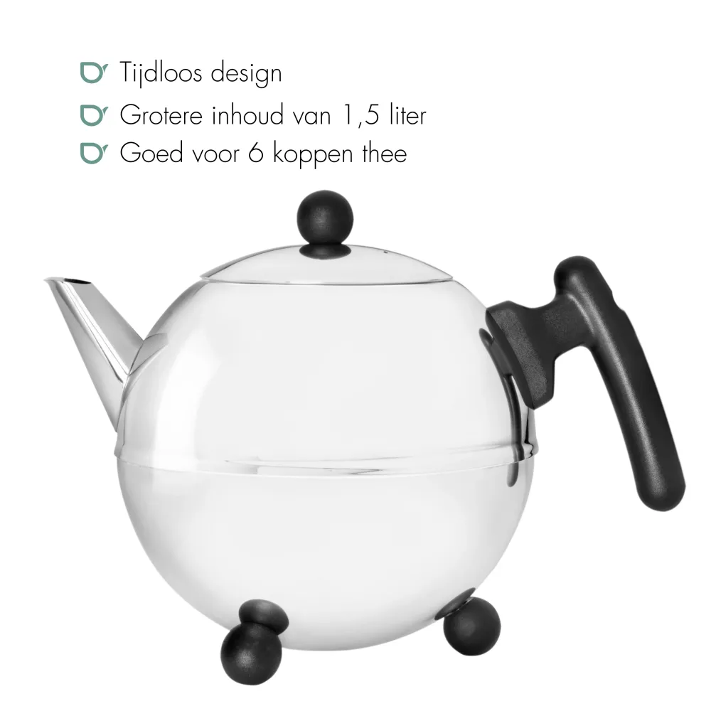 Bredemeijer - Duet® Bella Ronde – Dubbelwandige Theepot – 1,5 liter - RVS - Zwart beslag