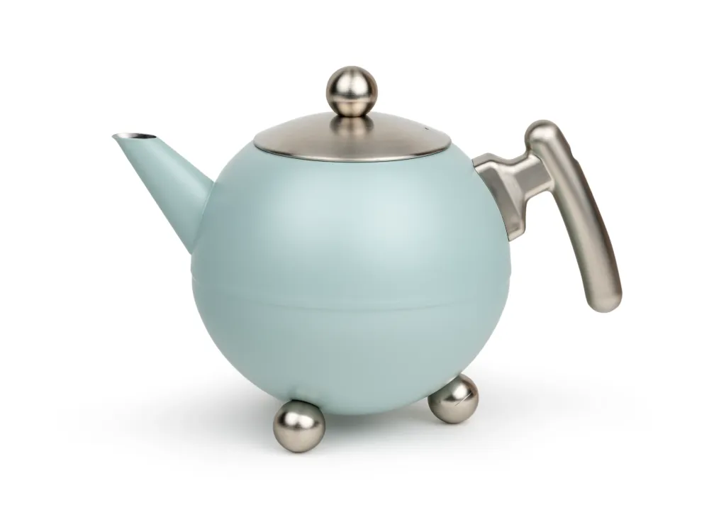 Bredemeijer - Duet® Bella Ronde – Dubbelwandige Theepot – 1,2 liter - RVS - Lichtblauw