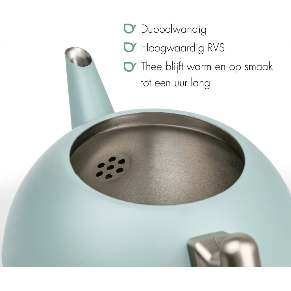 Bredemeijer - Duet® Bella Ronde – Dubbelwandige Theepot – 1,2 liter - RVS - Lichtblauw