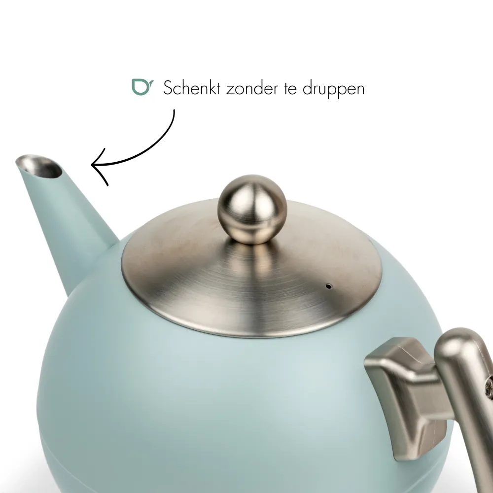 Bredemeijer - Duet® Bella Ronde – Dubbelwandige Theepot – 1,2 liter - RVS - Lichtblauw