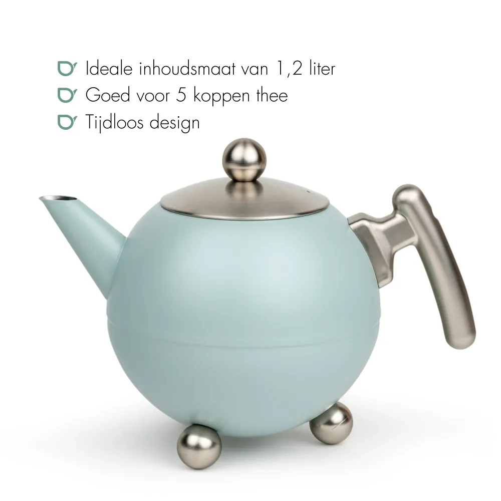 Bredemeijer - Duet® Bella Ronde – Dubbelwandige Theepot – 1,2 liter - RVS - Lichtblauw