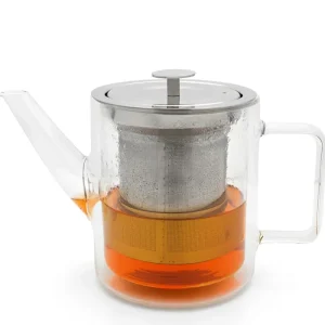 Bredemeijer San Remo Theepot Dubbelwandig Glas met filter 1l Transparant Glanzend Roestvrij staal 304