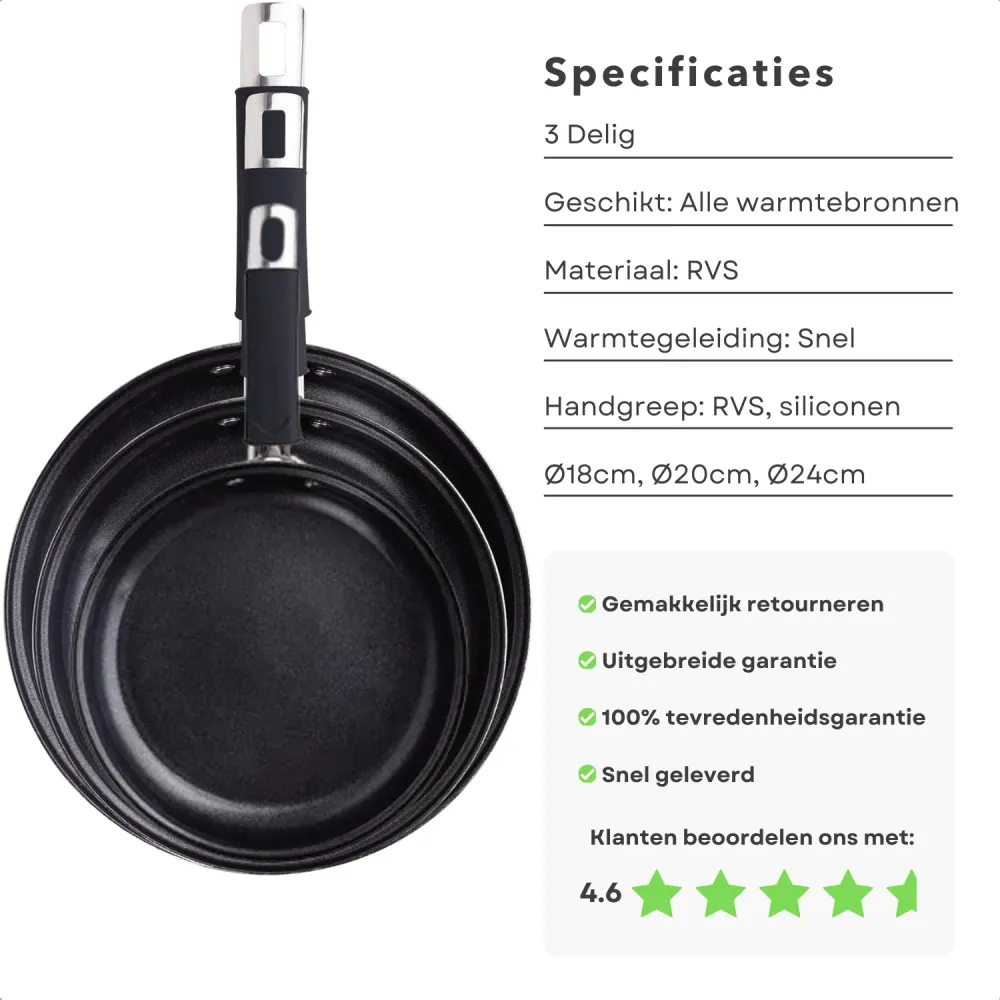 Cheqo® 3-delige RVS Inductie Koekenpannenset met Siliconen Handgreep - Geschikt voor Alle Warmtebronnen - Snelle Warmtegel...