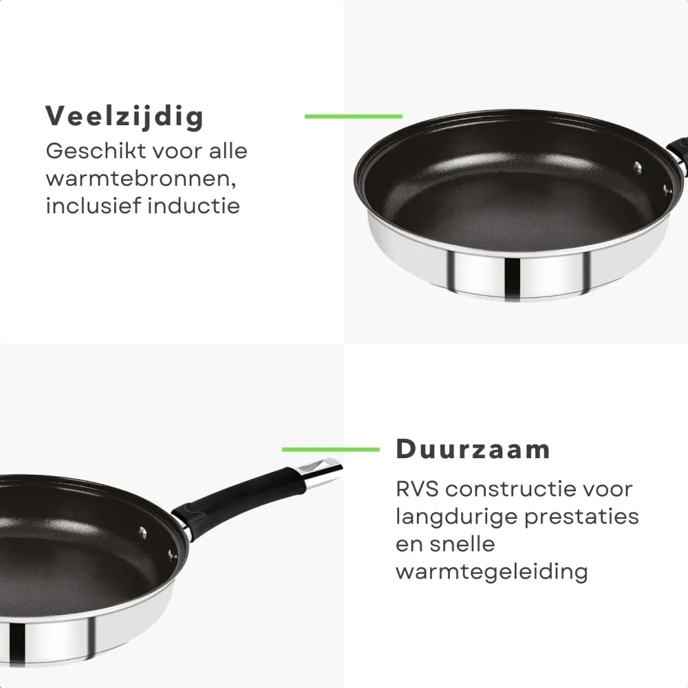 Cheqo® 3-delige RVS Inductie Koekenpannenset met Siliconen Handgreep - Geschikt voor Alle Warmtebronnen - Snelle Warmtegel...