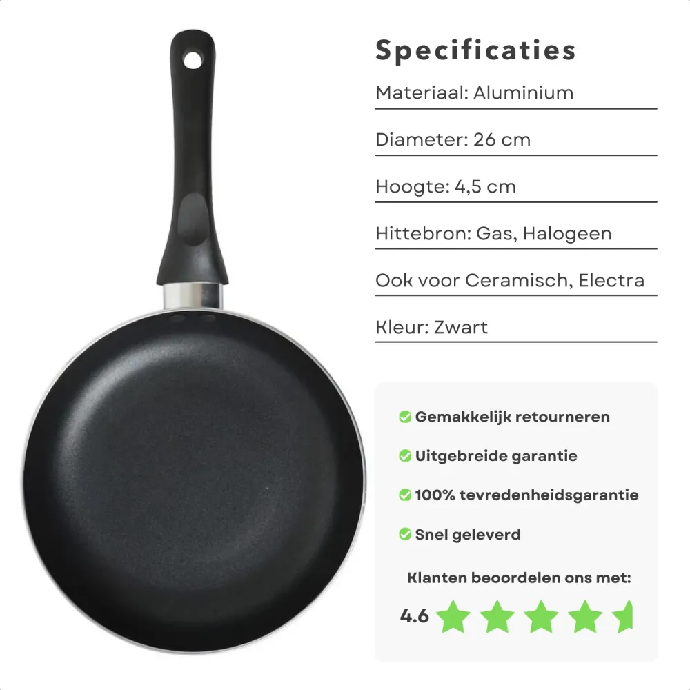 Cheqo® Aluminium Koekenpan 26 cm - Bakpan - Zwart - Geschikt voor Gas, Keramisch en Halogeen