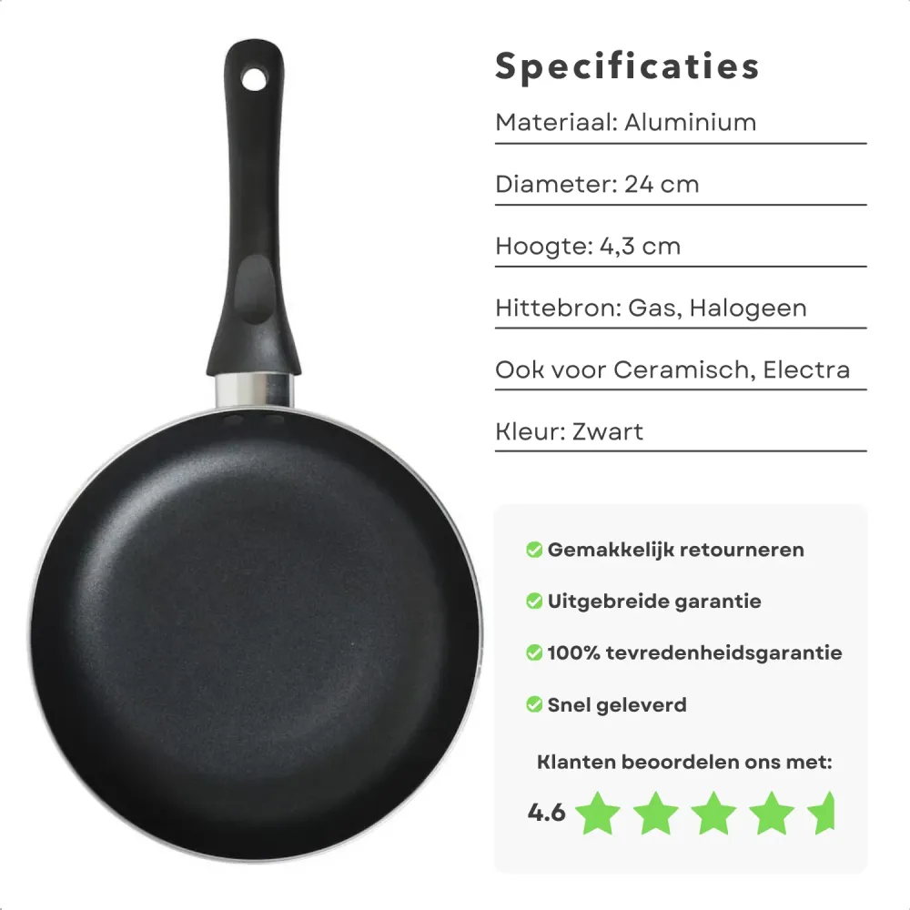 Cheqo® Aluminium Koekenpan 24 cm - Bakpan - Zwart - Geschikt voor Gas en Keramisch - Duurzaam en Anti-aanbak