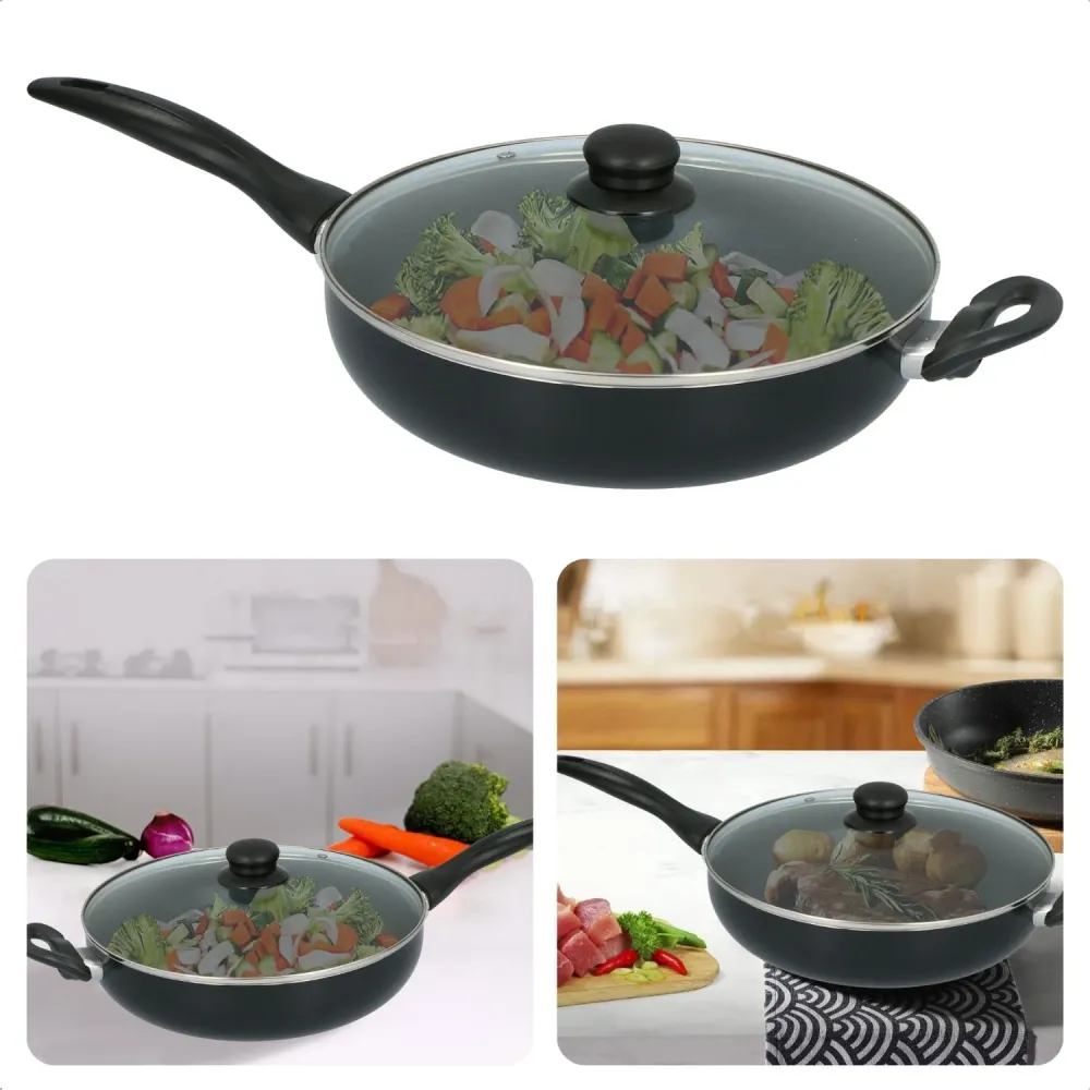 Cheqo® Aluminium Koekenpan Met Deksel - Anti-Aanbaklaag - Inductie Geschikt - Extra Handvat - Ø28cm - Voor Alle Warmtebron...