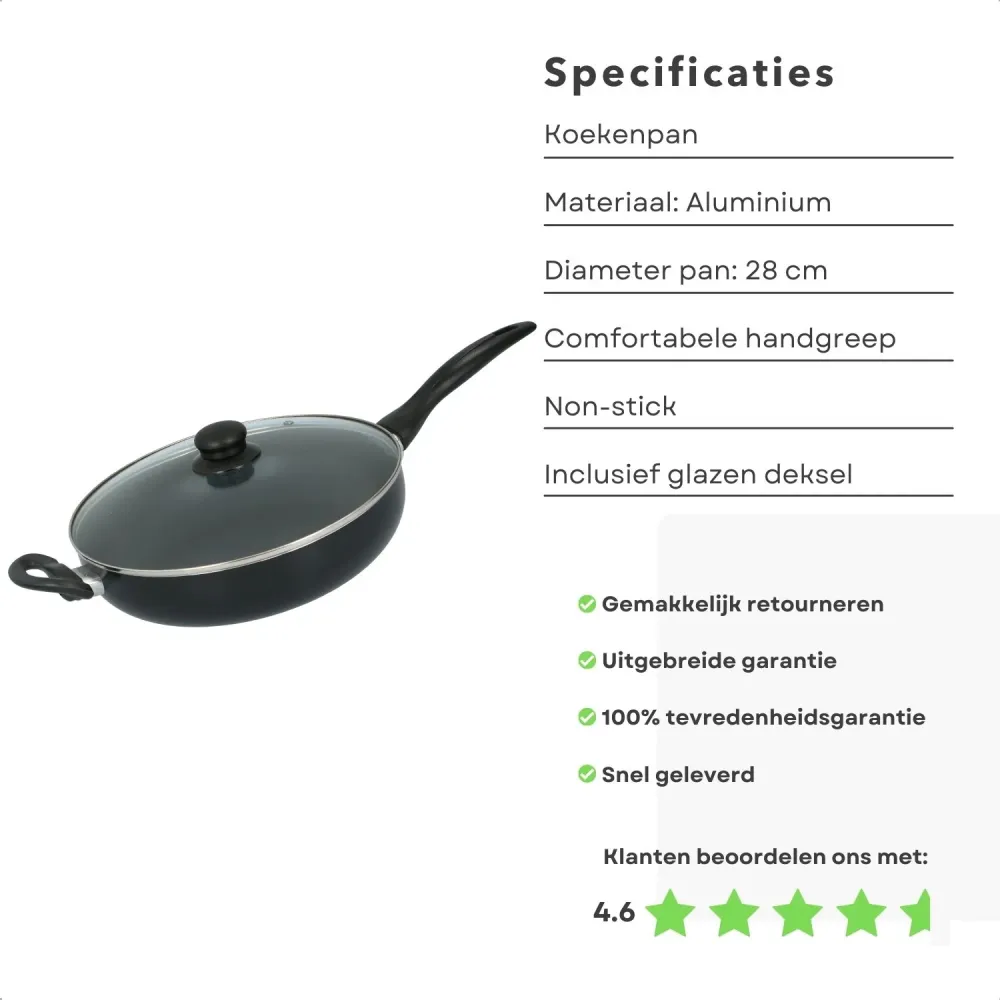Cheqo® Aluminium Koekenpan Met Deksel - Anti-Aanbaklaag - Inductie Geschikt - Extra Handvat - Ø28cm - Voor Alle Warmtebron...