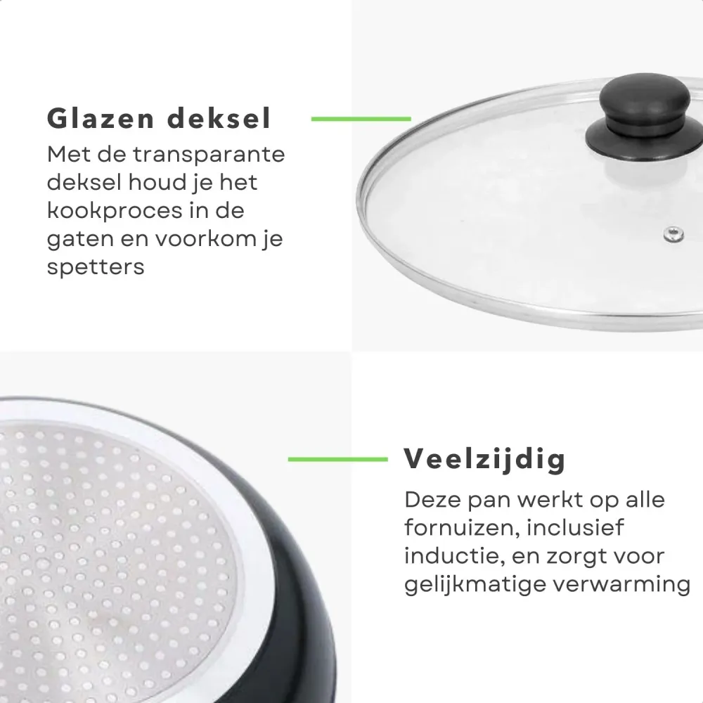 Cheqo® Aluminium Koekenpan Met Deksel - Anti-Aanbaklaag - Inductie Geschikt - Extra Handvat - Ø28cm - Voor Alle Warmtebron...