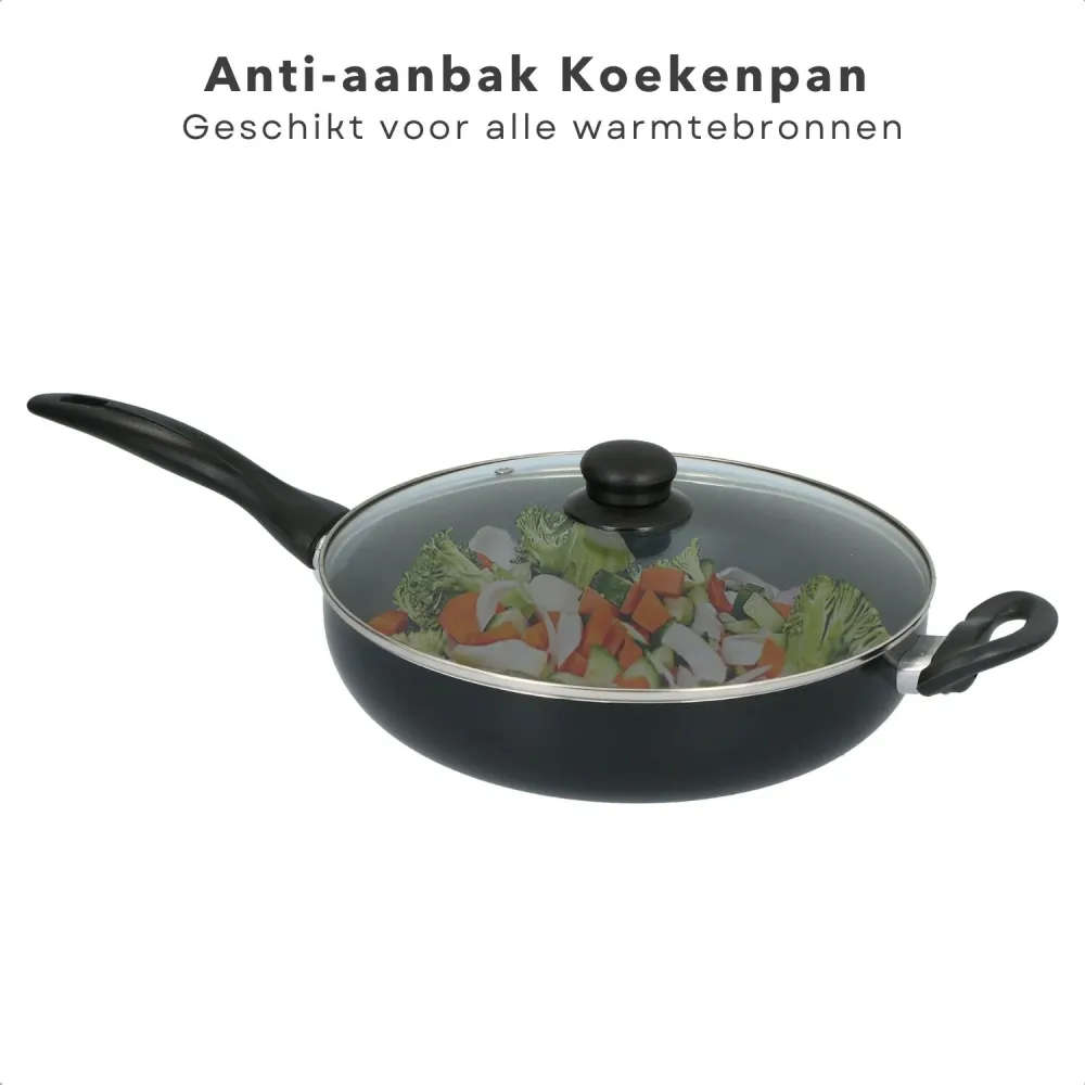 Cheqo® Aluminium Koekenpan Met Deksel - Anti-Aanbaklaag - Inductie Geschikt - Extra Handvat - Ø28cm - Voor Alle Warmtebron...