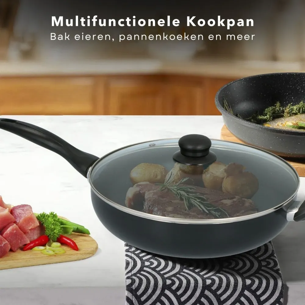 Cheqo® Aluminium Koekenpan Met Deksel - Anti-Aanbaklaag - Inductie Geschikt - Extra Handvat - Ø28cm - Voor Alle Warmtebron...