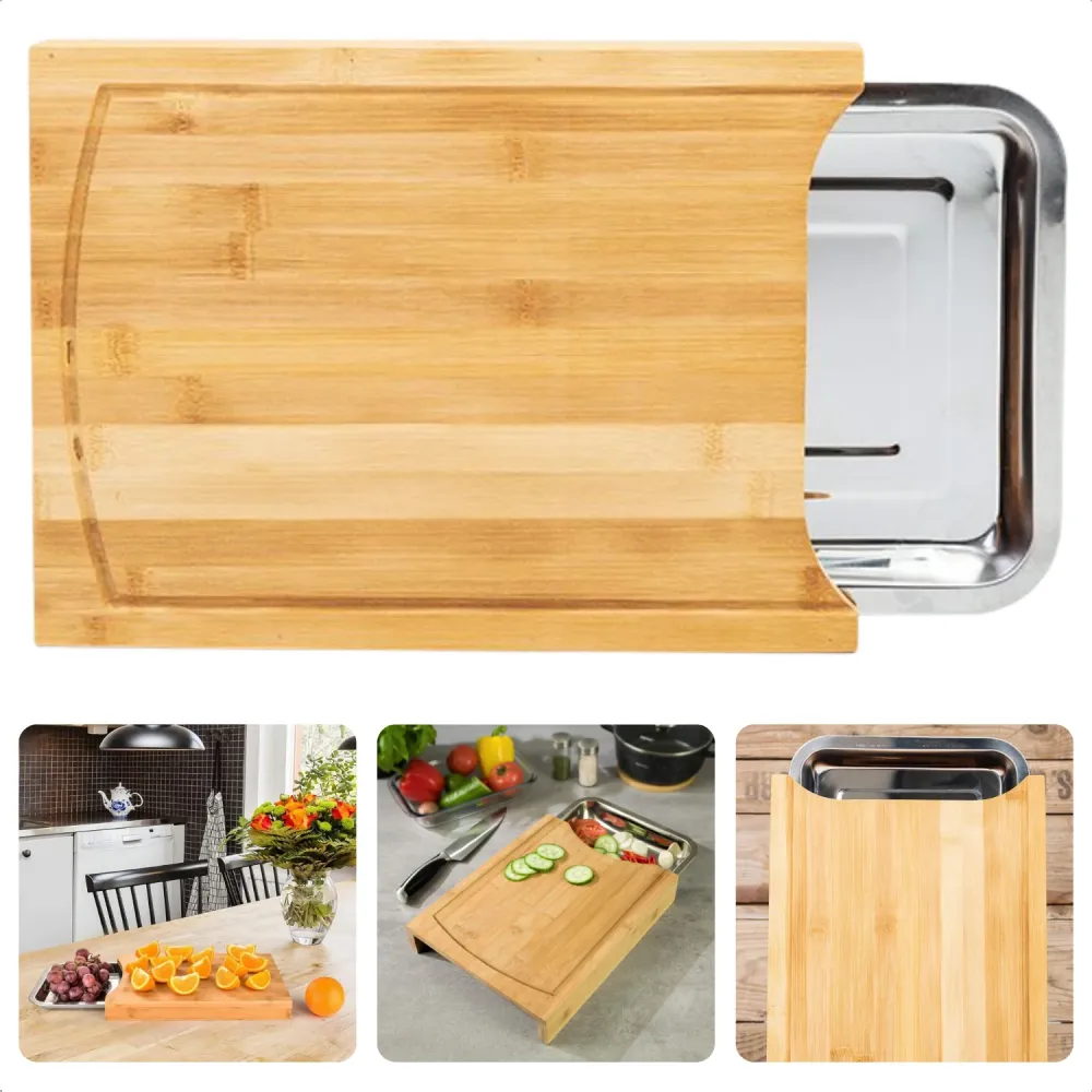 Cheqo® Bamboe Snijplank met Opvangbak - RVS Opvangschaal - Groente Snijden - 33x24x4cm