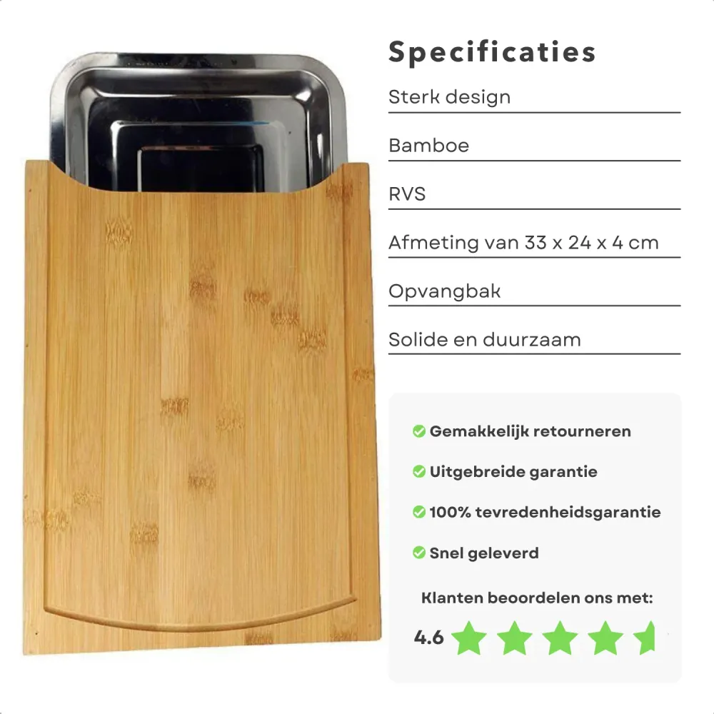 Cheqo® Bamboe Snijplank met Opvangbak - RVS Opvangschaal - Groente Snijden - 33x24x4cm