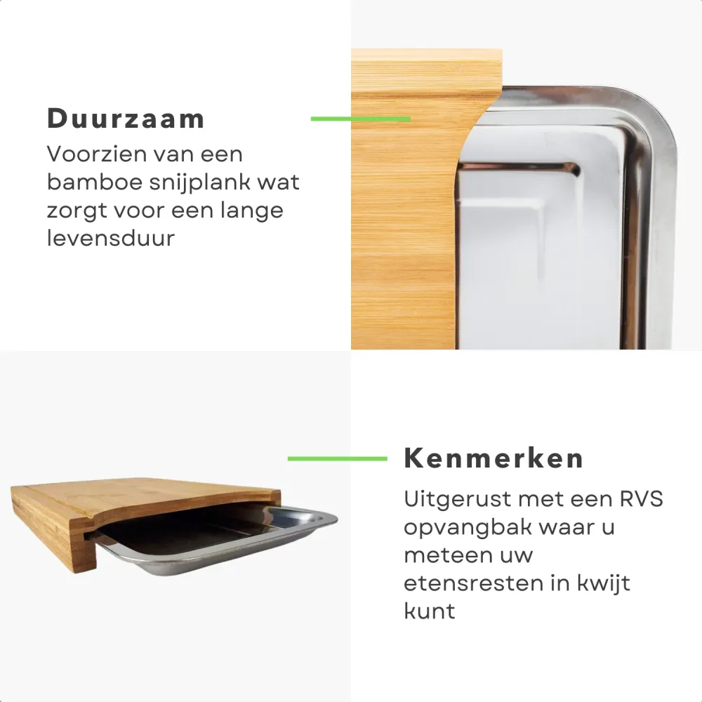 Cheqo® Bamboe Snijplank met Opvangbak - RVS Opvangschaal - Groente Snijden - 33x24x4cm
