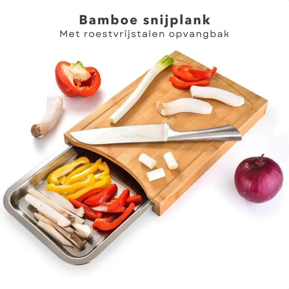 Cheqo® Bamboe Snijplank met Opvangbak - RVS Opvangschaal - Groente Snijden - 33x24x4cm