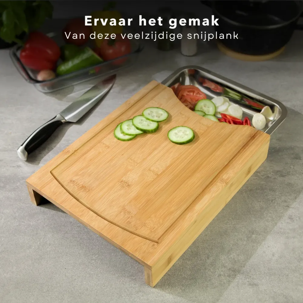 Cheqo® Bamboe Snijplank met Opvangbak - RVS Opvangschaal - Groente Snijden - 33x24x4cm