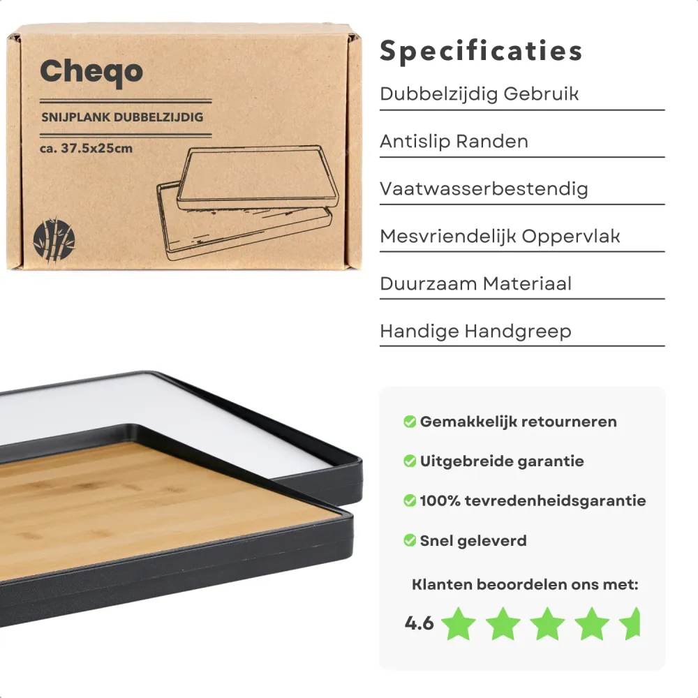 Cheqo® Dubbelzijdige Snijplank - Serveerplank - Groot Formaat - Hygiënisch en Duurzaam - Bamboe en Kunststof