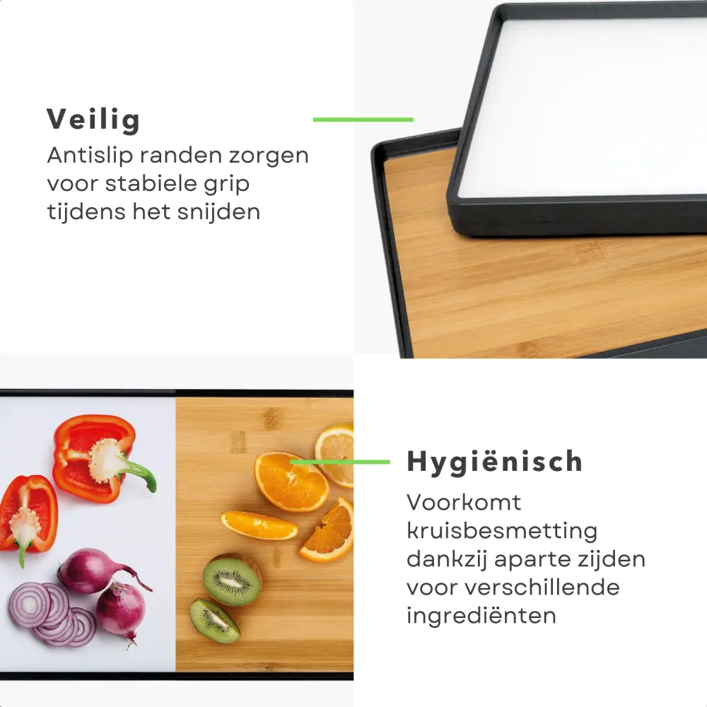 Cheqo® Dubbelzijdige Snijplank - Serveerplank - Groot Formaat - Hygiënisch en Duurzaam - Bamboe en Kunststof