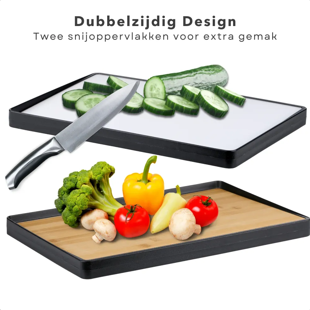 Cheqo® Dubbelzijdige Snijplank - Serveerplank - Groot Formaat - Hygiënisch en Duurzaam - Bamboe en Kunststof