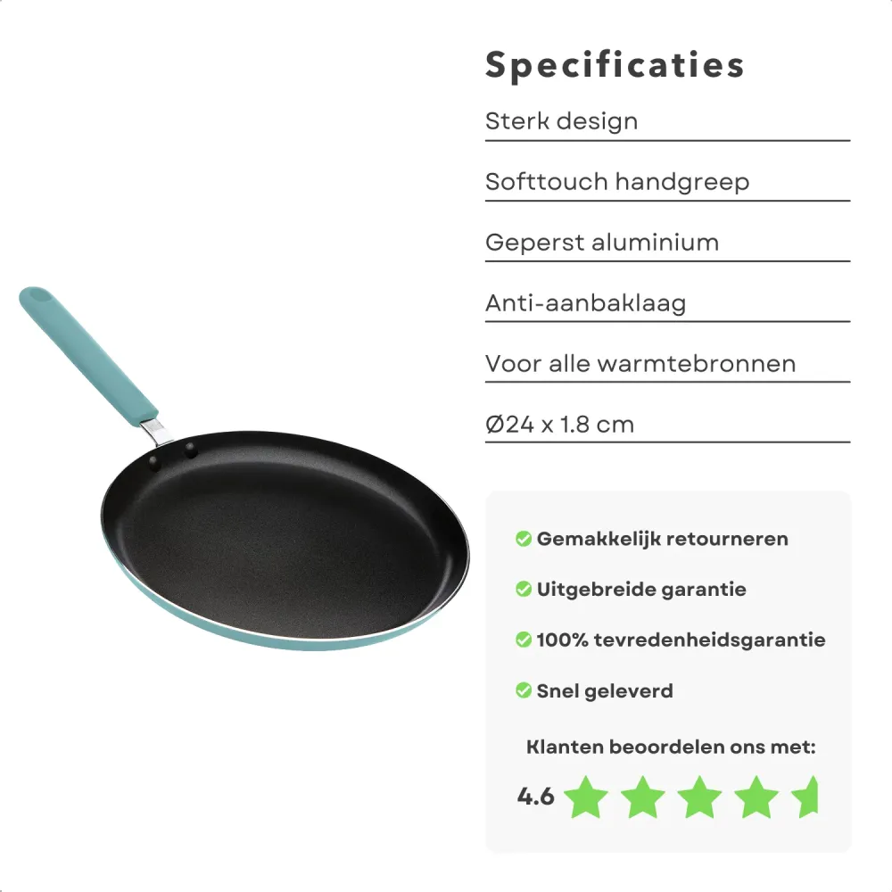 Cheqo® Hippe Pannenkoekpan - 24cm - Mint - Geperst Aluminium - Anti-aanbaklaag - Mintgroene Softtouch Handgreep - Geschikt...