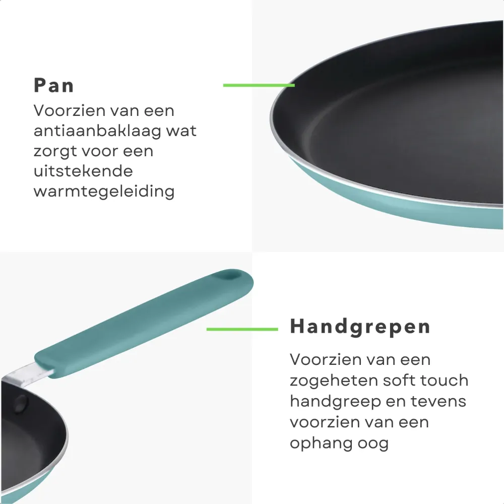 Cheqo® Hippe Pannenkoekpan - 24cm - Mint - Geperst Aluminium - Anti-aanbaklaag - Mintgroene Softtouch Handgreep - Geschikt...