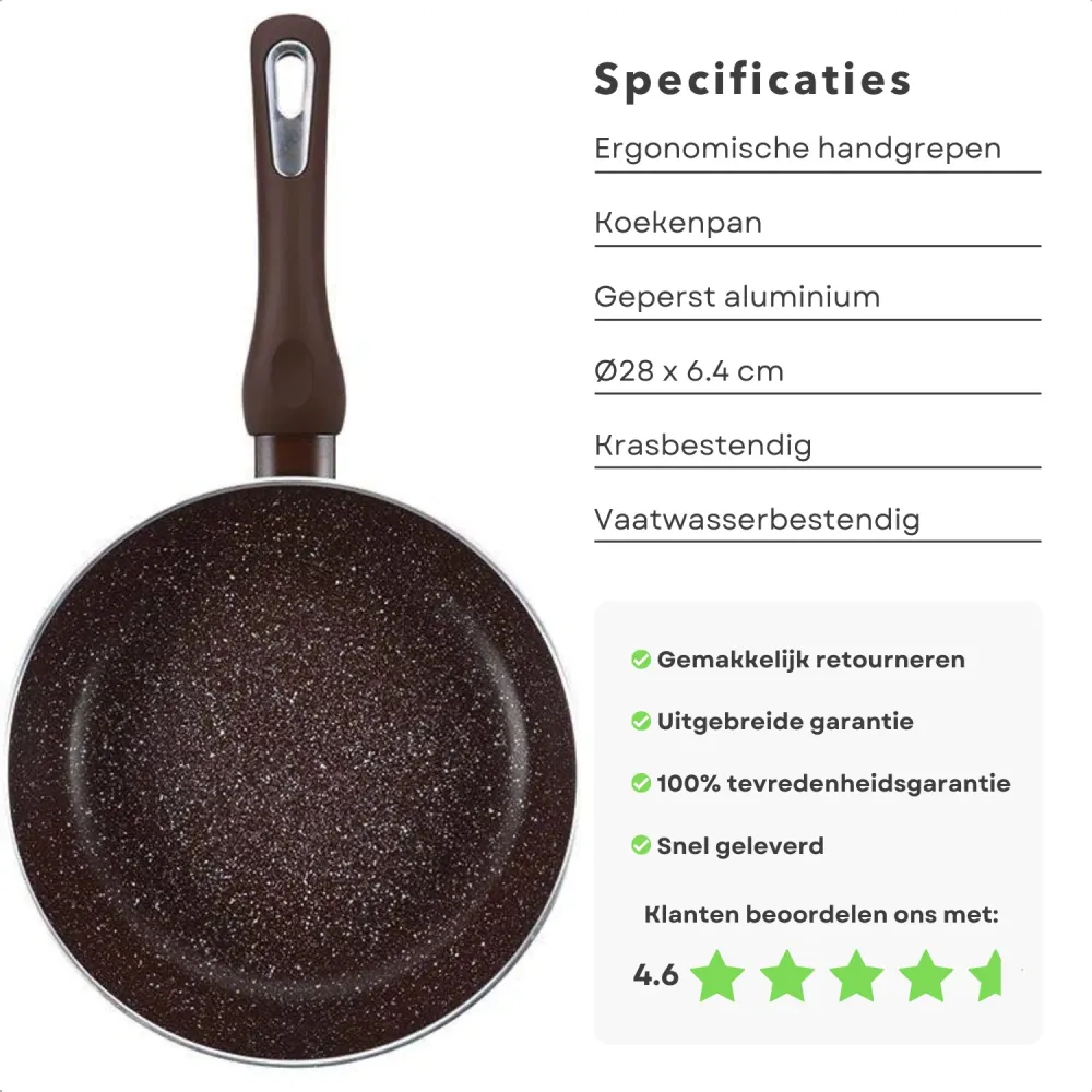 Cheqo® Koekenpan 28cm - Hoge Rand - Geperst Aluminium - Non-Stick Marble Coating - Soft-Touch Handgrepen - Inductiebodem -...