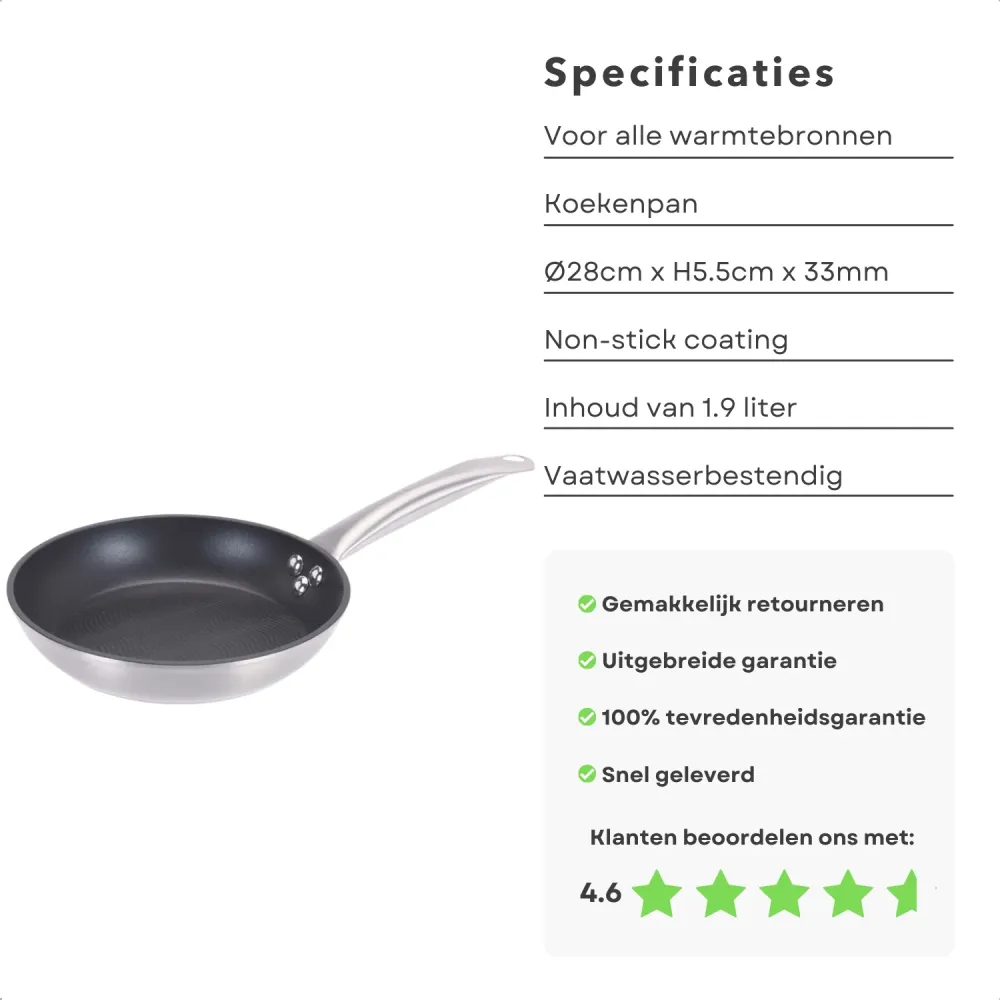 Cheqo® Koekenpan - Bakpan - Alle Warmtebronnen - Ook voor Inductie - Ø28cm x H5,5cm - Aluminium