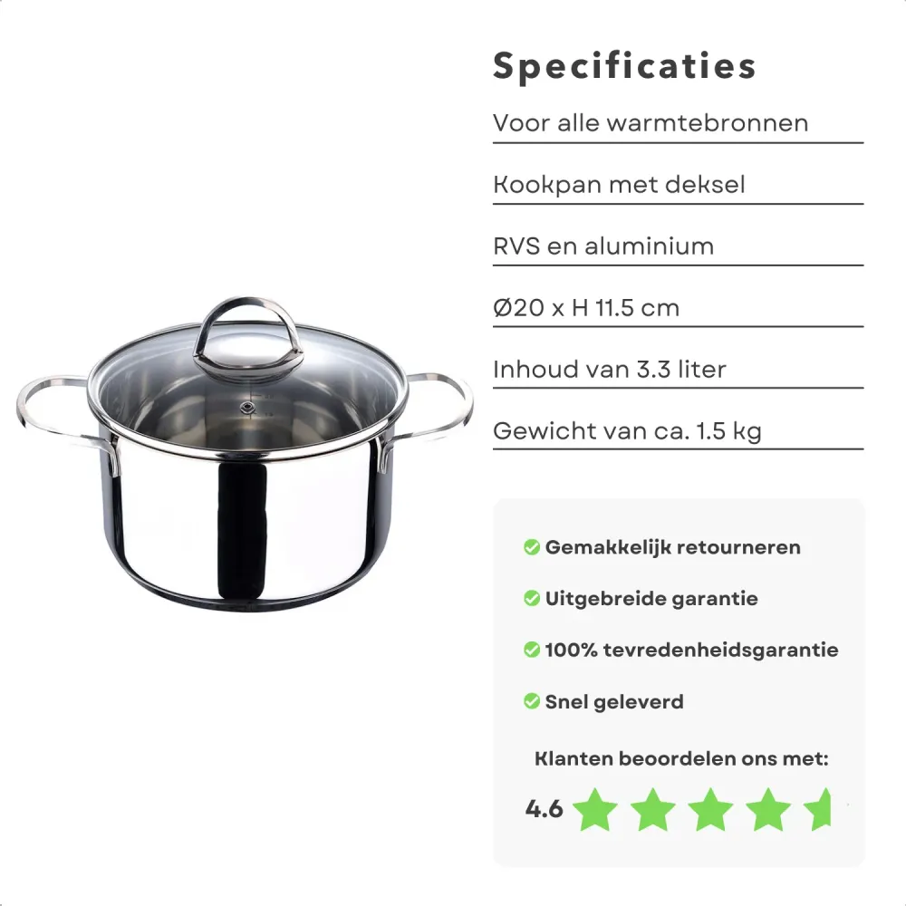 Cheqo® Kookpan met Deksel - Alle Warmtebronnen - Ook voor Inductie - Ø20 cm - 3.3L