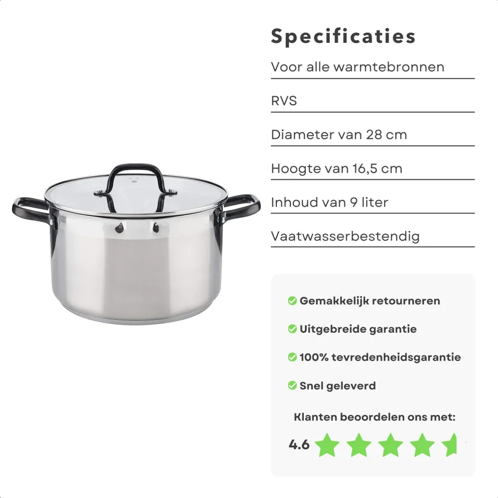 Cheqo® Kookpan - 28 cm - 9.0 L - RVS - Glazen Deksel - Alle Warmtebronnen - Vaatwasmachine-bestendig - Ook voor inductie