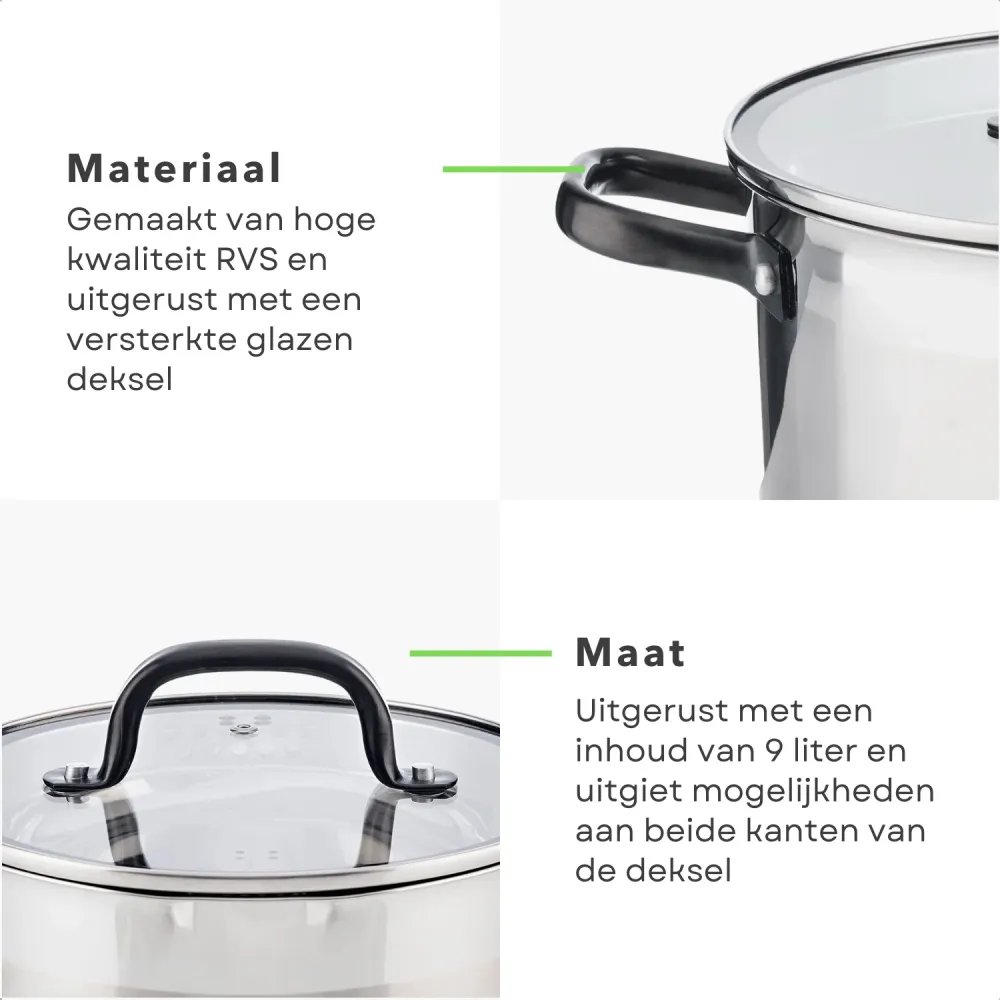 Cheqo® Kookpan - 28 cm - 9.0 L - RVS - Glazen Deksel - Alle Warmtebronnen - Vaatwasmachine-bestendig - Ook voor inductie