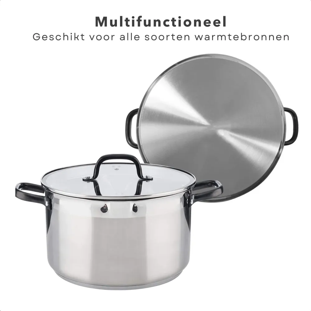 Cheqo® Kookpan - 28 cm - 9.0 L - RVS - Glazen Deksel - Alle Warmtebronnen - Vaatwasmachine-bestendig - Ook voor inductie