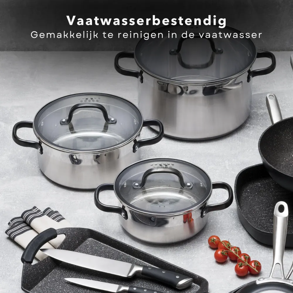 Cheqo® Kookpan - 28 cm - 9.0 L - RVS - Glazen Deksel - Alle Warmtebronnen - Vaatwasmachine-bestendig - Ook voor inductie