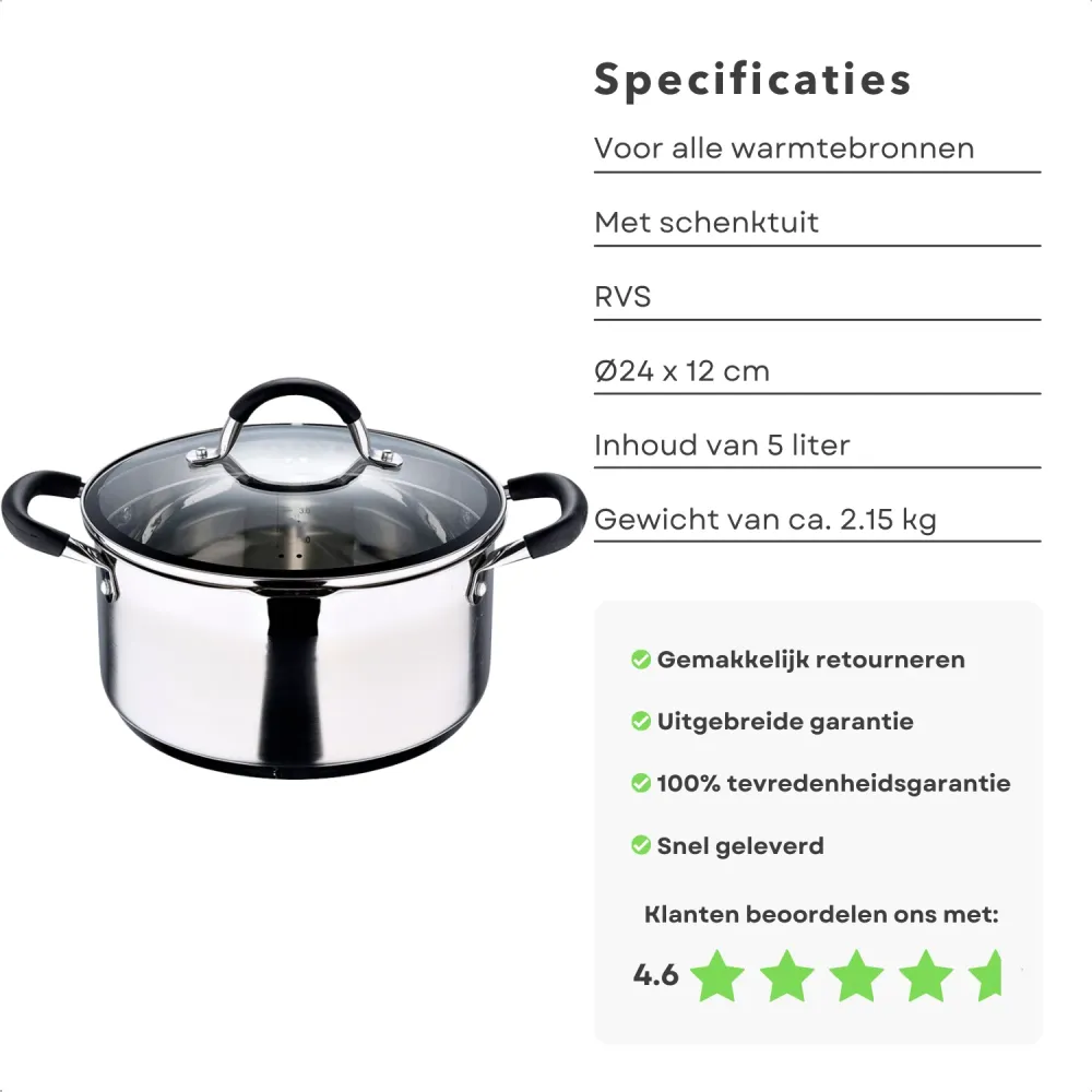 Cheqo® Kookpan voor Inductie - RVS - Ø24 - 5L - Met Deksel - Inclusief Schenktuit - Siliconen Handvatten - Maataanduiding...