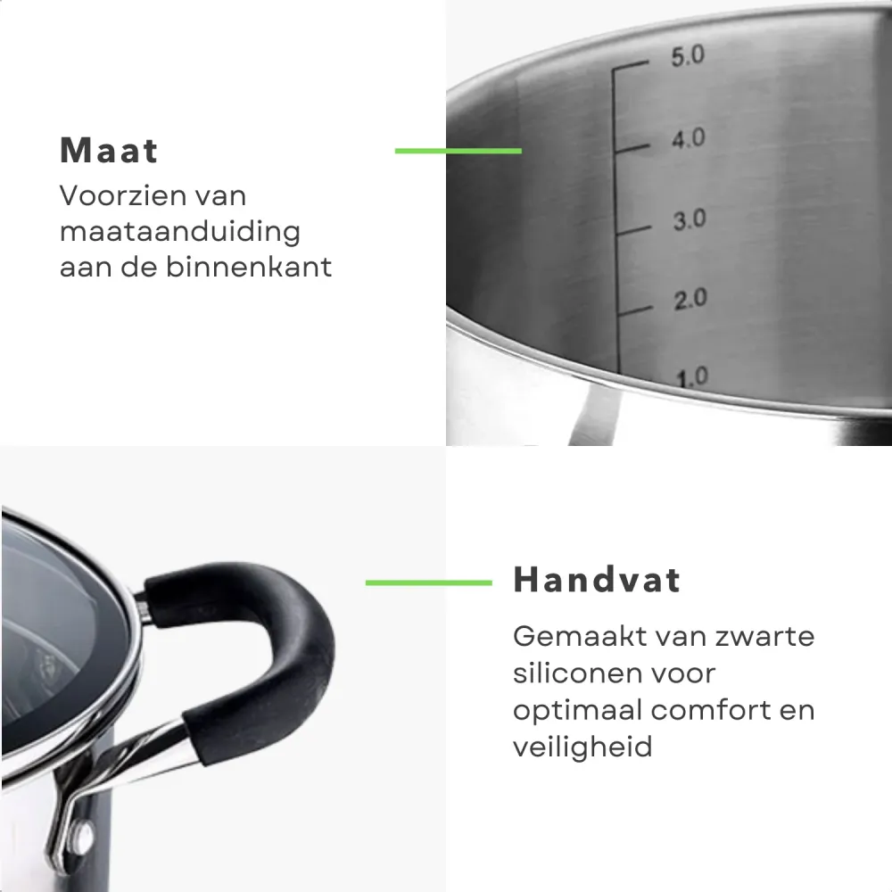 Cheqo® Kookpan voor Inductie - RVS - Ø24 - 5L - Met Deksel - Inclusief Schenktuit - Siliconen Handvatten - Maataanduiding...