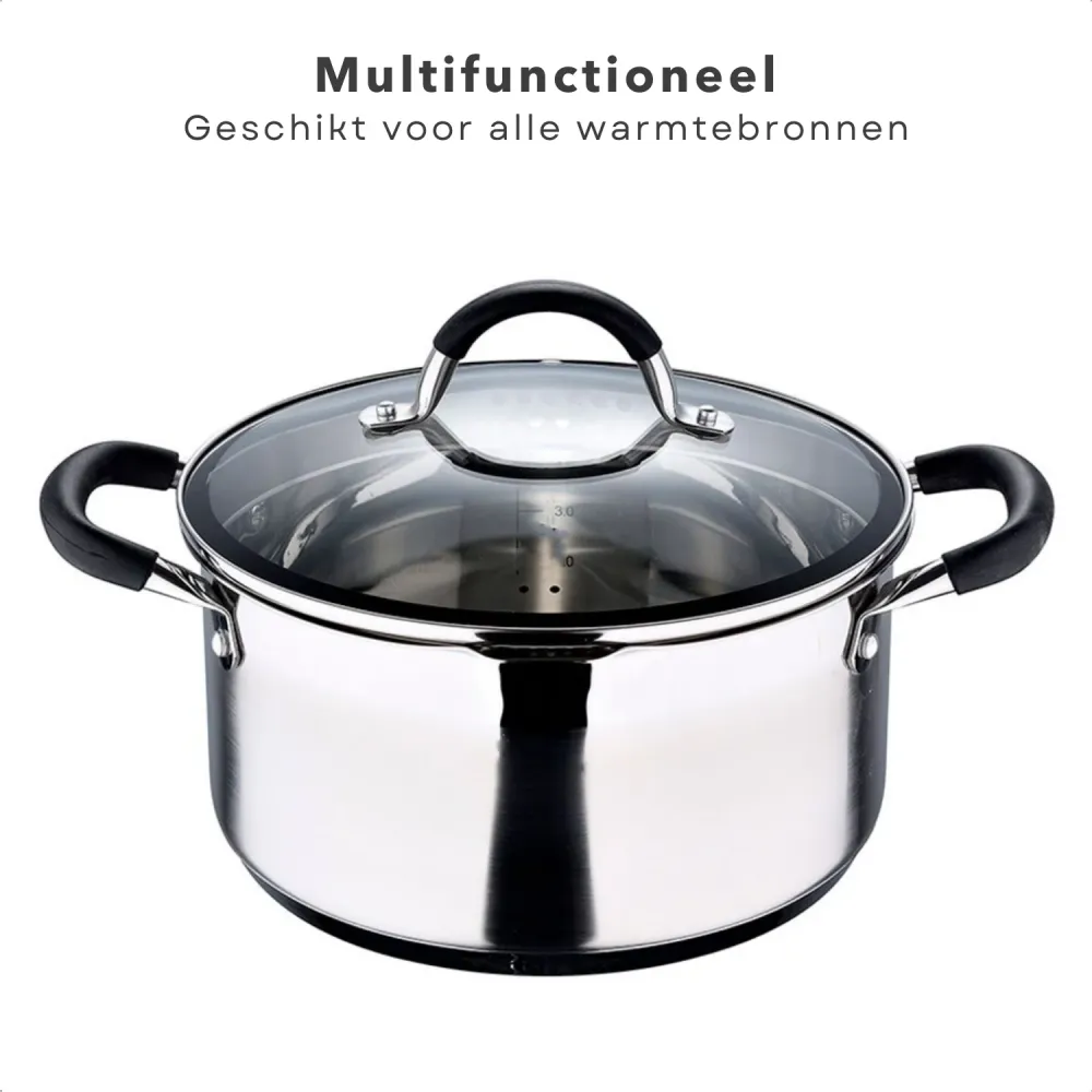 Cheqo® Kookpan voor Inductie - RVS - Ø24 - 5L - Met Deksel - Inclusief Schenktuit - Siliconen Handvatten - Maataanduiding...