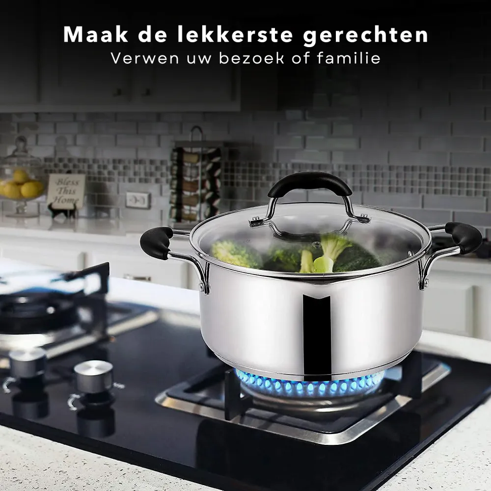 Cheqo® Kookpan voor Inductie - RVS - Ø24 - 5L - Met Deksel - Inclusief Schenktuit - Siliconen Handvatten - Maataanduiding...