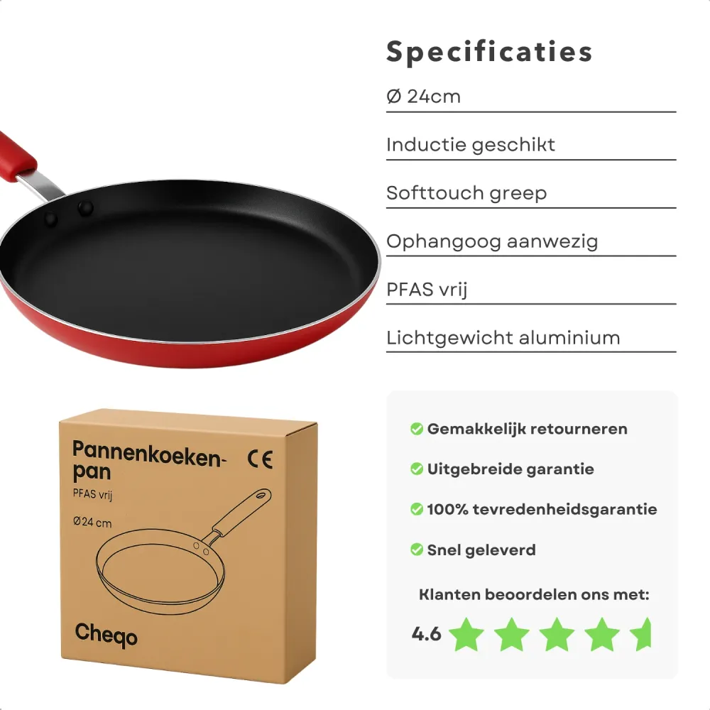 Cheqo® Pannenkoekenpan 24 cm - Pannenkoekpan PFAS Vrij - Crepe Pan - Koekenpan voor Pannenkoeken - Keramische Anti-aanbakl...