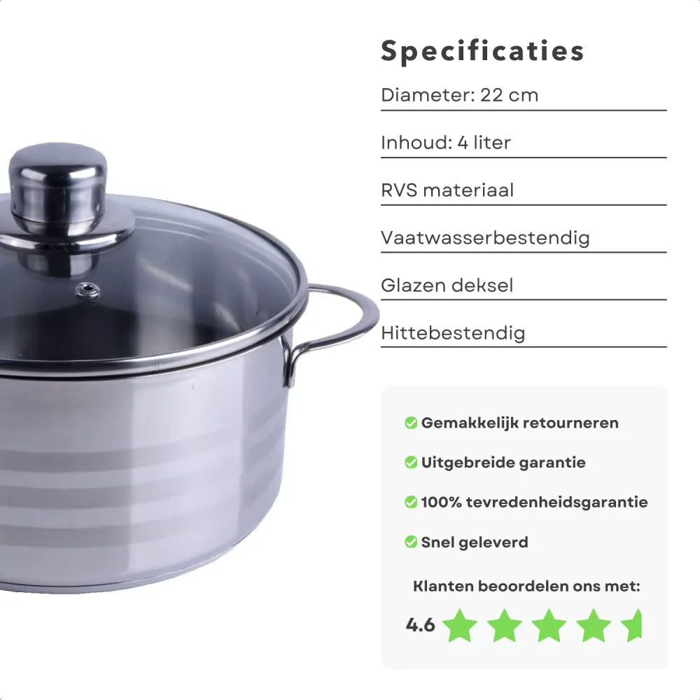 Cheqo® RVS Kookpan 22 cm - Soeppan - Inductie & Vaatwasserbestendig - 4L - Met Glazen Deksel