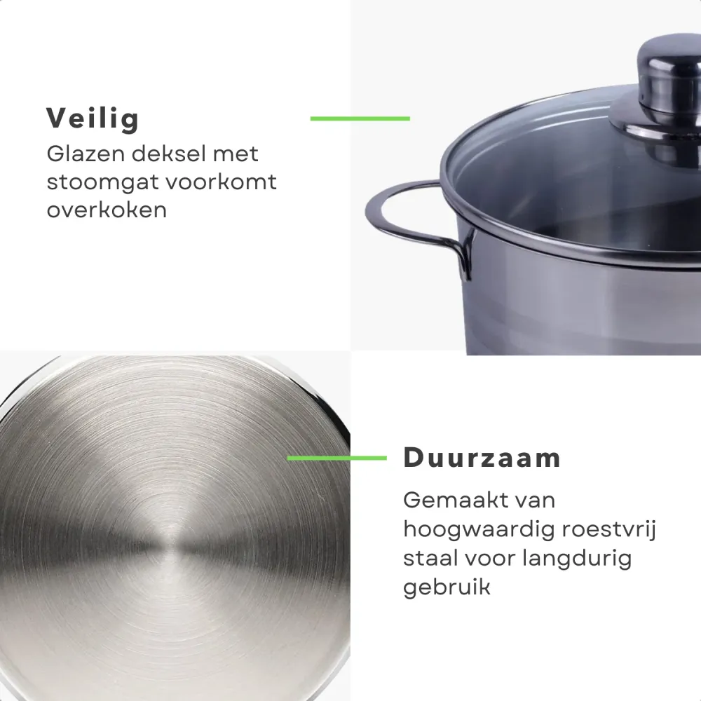 Cheqo® RVS Kookpan 22 cm - Soeppan - Inductie & Vaatwasserbestendig - 4L - Met Glazen Deksel