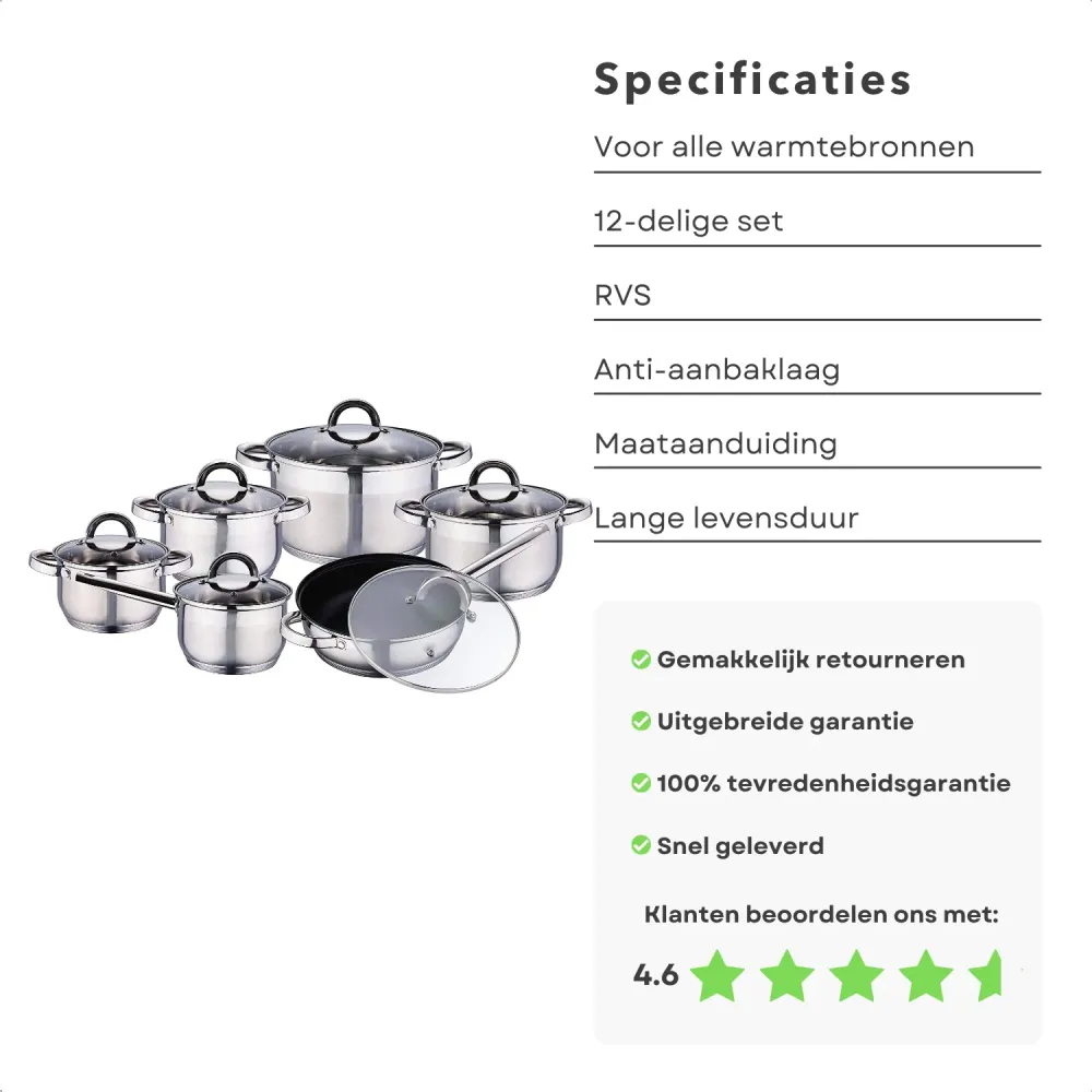 Cheqo® RVS Pannenset - Kookpannen Set - Steelpan - 1,9L, 2,6L, 3,7L, 6,2L, 3,0L - Anti-aanbaklaag - Geschikt voor alle war...