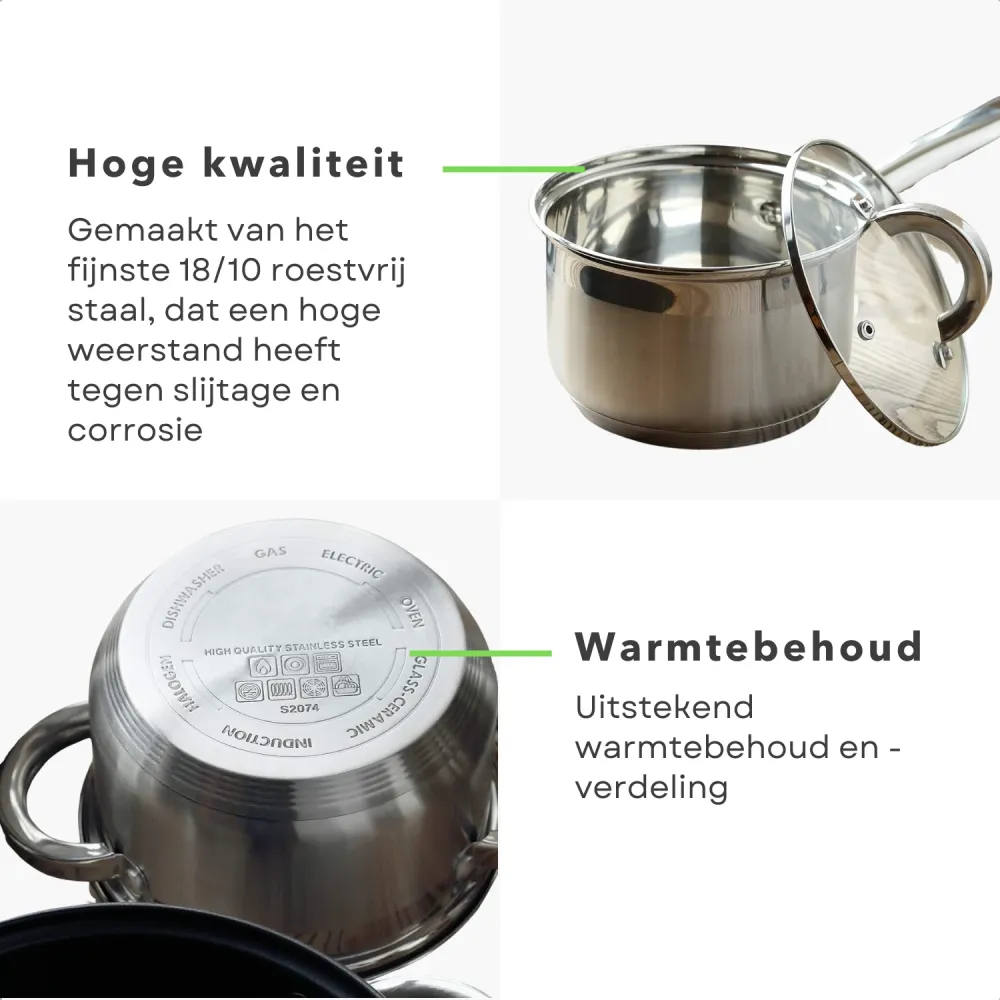 Cheqo® RVS Pannenset - Kookpannen Set - Steelpan - 1,9L, 2,6L, 3,7L, 6,2L, 3,0L - Anti-aanbaklaag - Geschikt voor alle war...