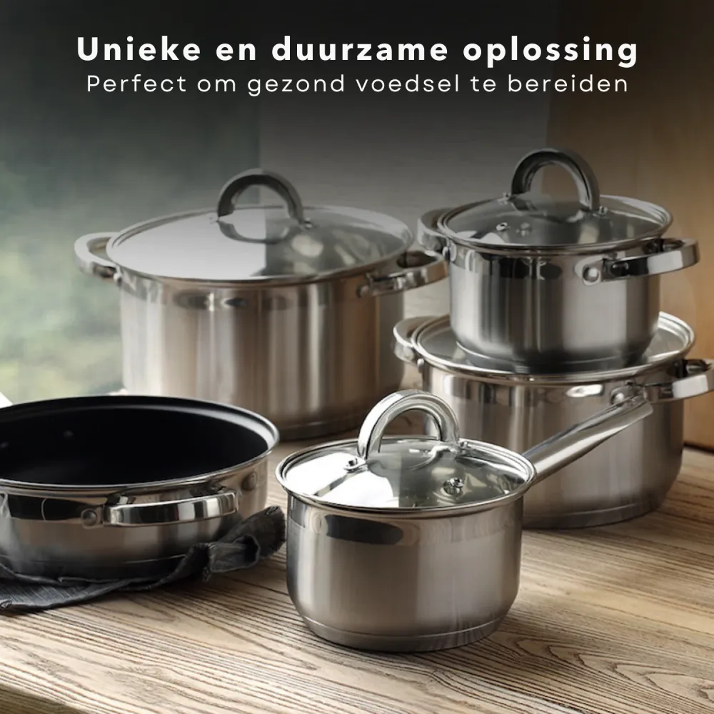 Cheqo® RVS Pannenset - Kookpannen Set - Steelpan - 1,9L, 2,6L, 3,7L, 6,2L, 3,0L - Anti-aanbaklaag - Geschikt voor alle war...