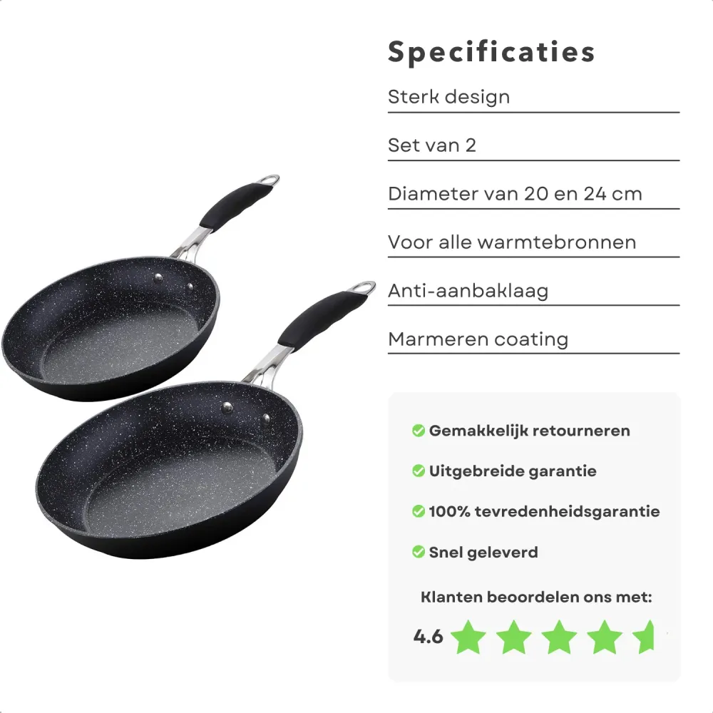 Cheqo® Set van 2 Koekenpannen - Pannenset - Koekenpan Set - Bakpan - 20 & 24 cm - Gesmeed Aluminium - Full Induction - Xyl...