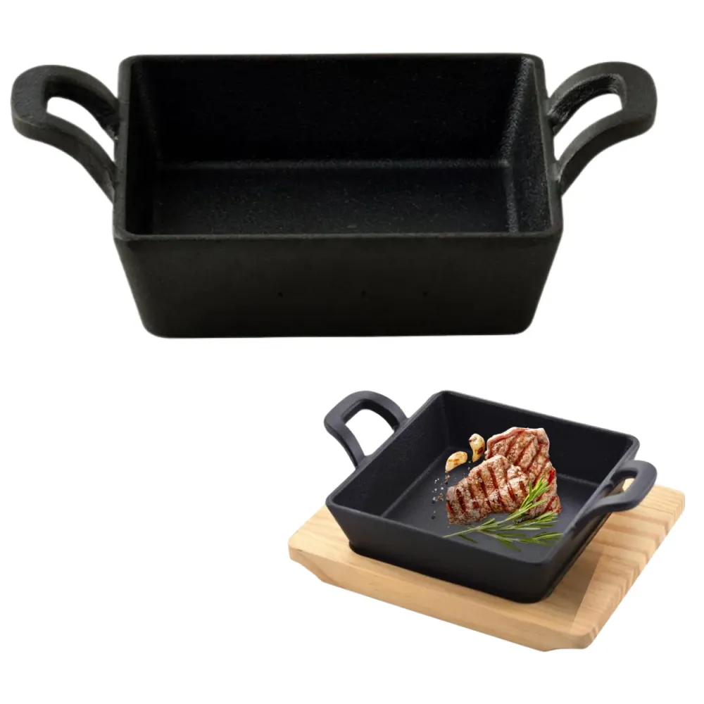 Cheqo® Vierkante Koekenpan - Gietijzeren Braadpan - Tapaspan met Serveerplank - Gietijzer
